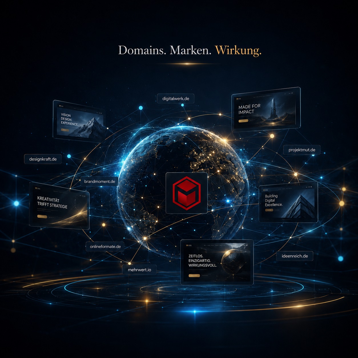 Digitale Weltkugel mit vernetzten Website-Ansichten, leuchtenden Linien und rotem mhmedia-group-Logo unter dem Titel „Domains. Marken. Wirkung.“